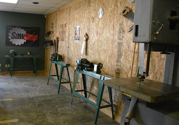 woodshop with sawhorses and lathes