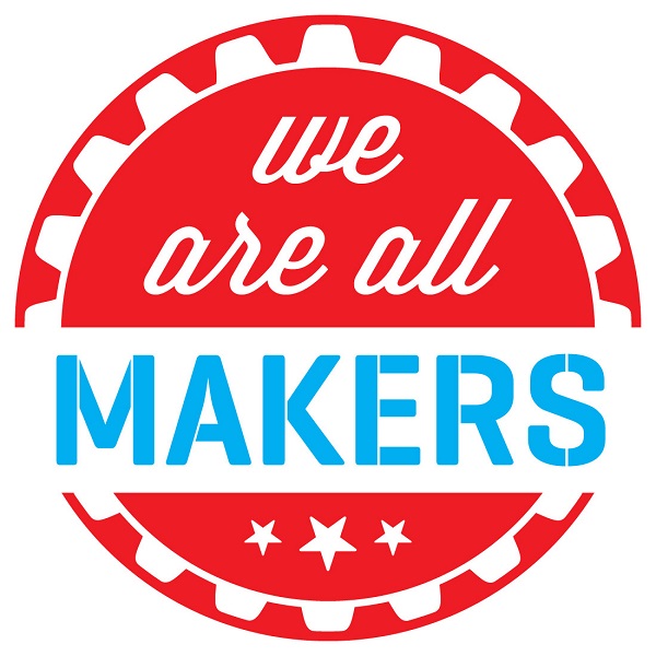 Red-withe-and-blue circular badge with white stars and the words, "We are all makers"