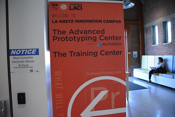 Advanced Prototyping Center lobby with sign during Maker Walk L.A.