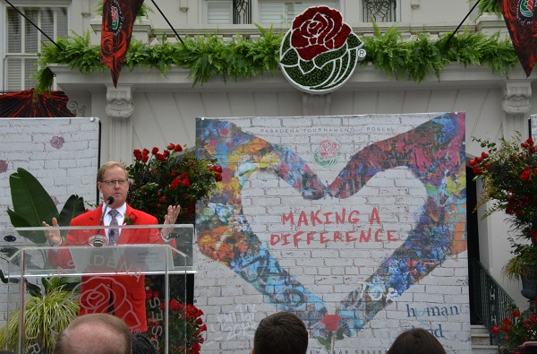 2018 Tournament of Roses President Lance TIbbet gestures from te lectern