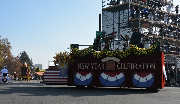 America's New Year Celebration closing float with red-white-and-blue bunting