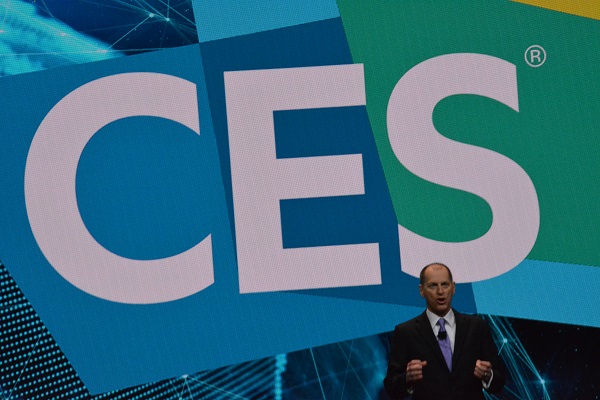 CTA president and CEO Gary Shapiro addresses CES 2018 under a large CES logo