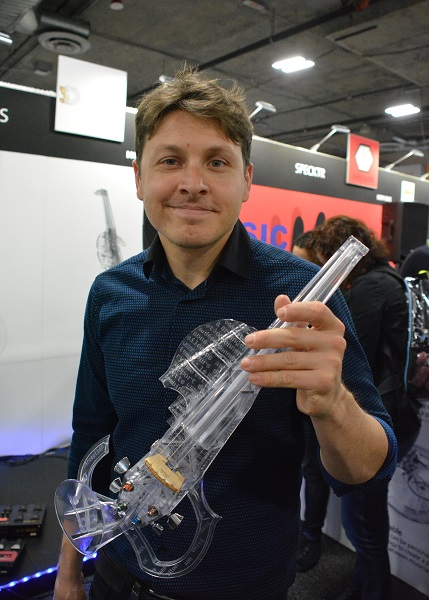 Musican Laurent Bernadac displays his 3D printed "3DVarius" classical violin at CES 2017