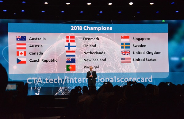 CTA CEO and President Gary Shapiro with innovation scorecard slide at CES 2018