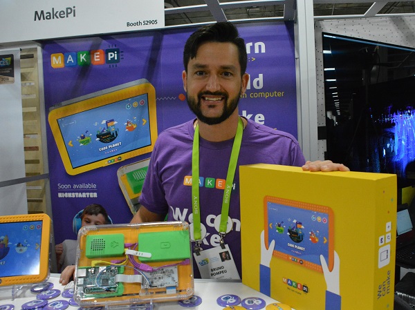 MakePi co-founder and CEO Bruno Costa displays MakePad DIY tablet kit on the Eureka Park show floor at CES 2018