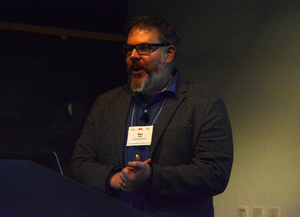 Professor Dan Keefe closeup as he speaks at Keck Institue seminar