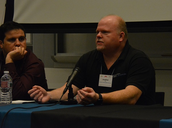 Microsoft HoloLens engineer Jonathan Fay makes a point during virtual reality panel at Caltech