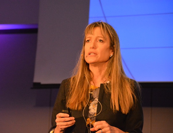 Closeup of Dr. Kim Bullock speaking during Cedars-Sinai's Medical Virtual Reality conference