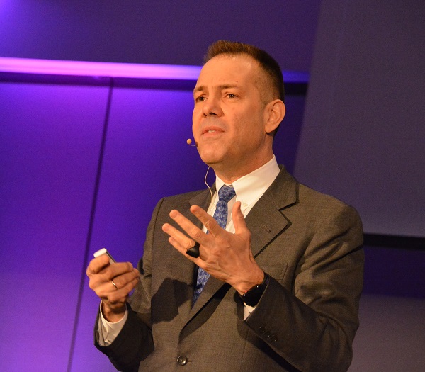 Dr. Rafael Grossman in closeup, onstage during Cedars-Sina's Medical Virtual Reality conference in Los Angeles