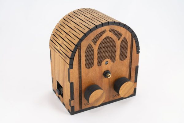 DQ Music player in Cherry wood with cathedral-style "radio" case and two large knobs