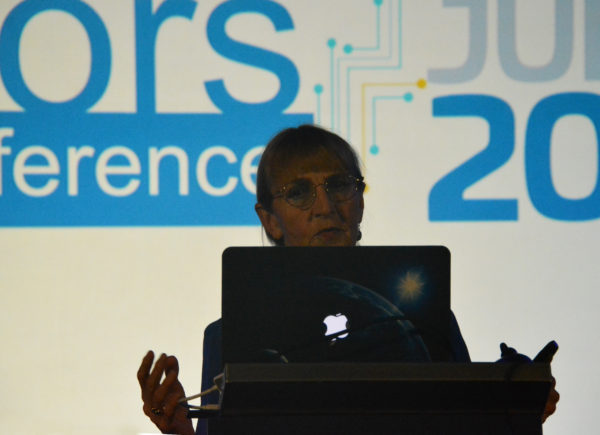 Closeup of Dr. Carol Stoker, from NASA, as she keynotes Sensors 2018