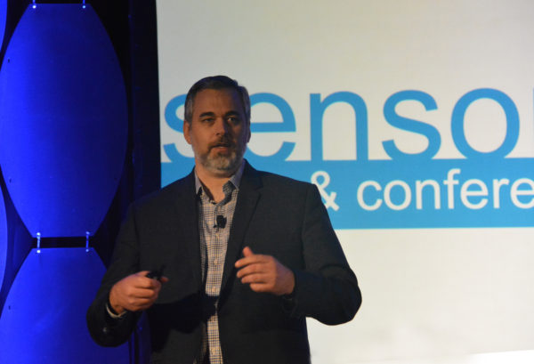 Closeup of Jason Shepherd as he gives a keynote speech at Sensors 2018