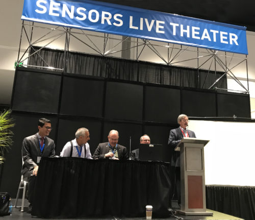 Panel on "The Future of Engineering Education"sits with moderator Roger Grace at Sensors Live Theater