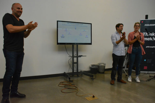 IDEAS Immersion founder David Dorfman applauds presenters at the conclusion of "Demo Day"