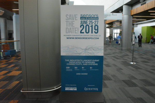 A sign in McEnery Convention Center's lobby gives visitors the dates of Sensors 2019.