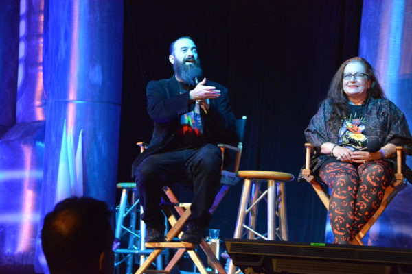 Jon Schnitzer talks with Shar Mayer during ScareLA™ 2018 panel on "Haunters: the Art of the Scare'