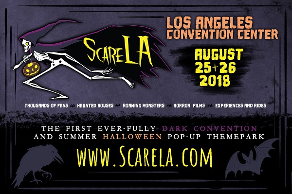 ScareLA skeleton with dates August 25th and 26th and "Los Angeles Convention Center" plus websit information, www.scarela.com