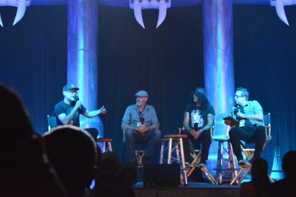 John Murdy onstage with Chris Williams, Slash and Stacey Quinealty at ScareLA™ 2018