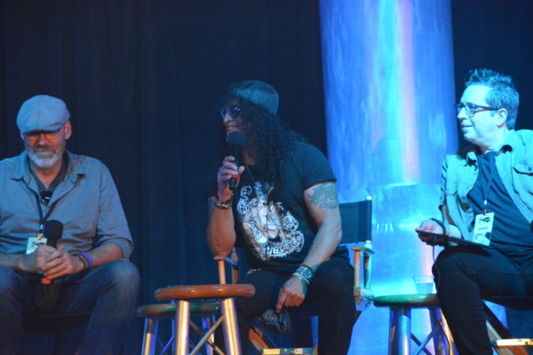 Slash, flanked by Stacey and Chris, at ScareLaSlash closeup at ScareLA™ 2018