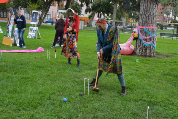 Aaron Saenz, as King of Hearts, wears tartan plaid kilt as he plays croquet with the Sisters of Perpetual Indulgence at SGV Pride 2018