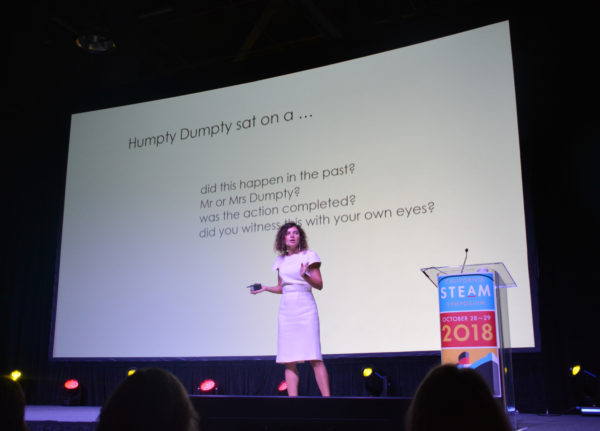 Professor Lero Borditsky onstage with slide about Humpty Dumpty