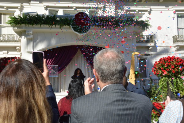 2019 Tournament of Roses Parade Grand Marshal Chaka Khan stands onstage amid a shower of confetti as the audience applauds