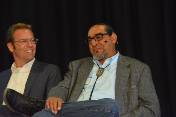 Ben Dickow and Robert Gutierez laugh during panel presentation at Toolbox L.A. Grand Opening