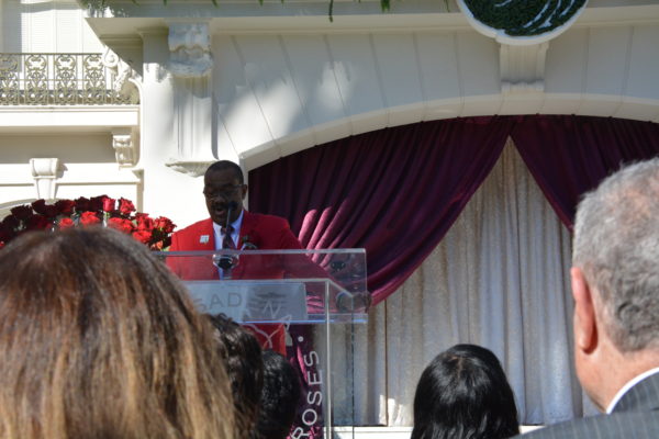 2019 Tournament of Roses President Gerald Freeny speaks to audience from Tournament House lectern at Grand Marshal announcement