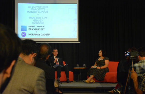 L.A. Mayor Eric Garcetti chats with Make In L.A. cofounder Noramay Cadena onstage at Toolbox L.A.