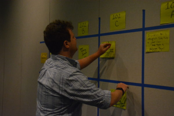 Nick adds yellow Post-It notes to wall divided into squares