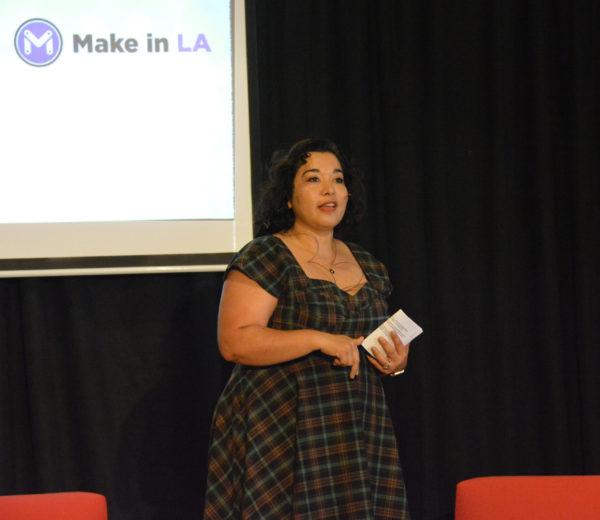 Noramay Cadena of Make In L.A. speaks to audience during Toolbox L.A. Grand Opening