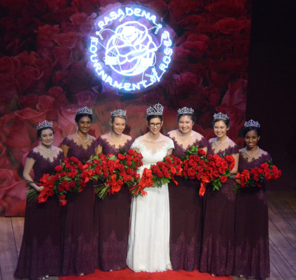 101st Rose Queen Louise Siskel onstage at the Pasadena Playhouse, surrounded by her Royal Court
