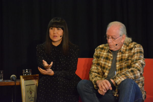 Sonja Rasula speaks as Bob Goldberg listens during panel at Toolbox L.A. Grand Opening