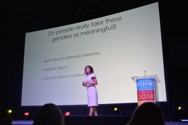 Professor Boroditsky with slide about gender nouns