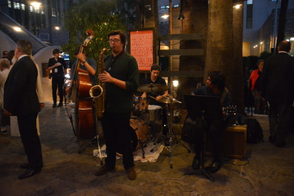 PCC jazz quartet plays in Pasadena Playhouse outdoor plaza during reception for Rose Queen coronation