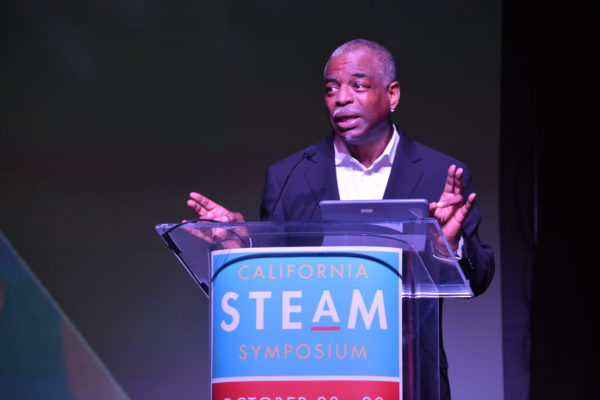 LeVar Burton spreads his hands as he makes a point during his California STEAM Symposium keynote