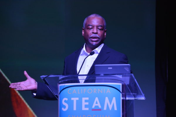 Levar Burton from the podium, closeup, during California STEAM Symposium