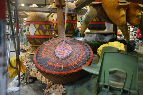 African stringed instrument on Donate Life Float at Fiesta Parade Floats barn