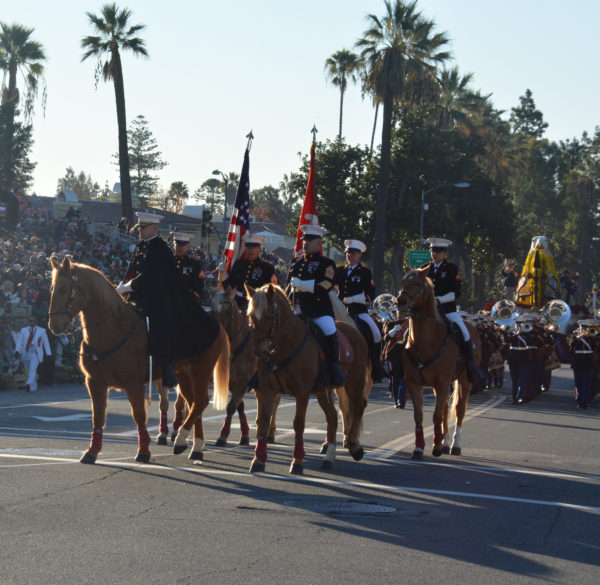 Marines n dress blue uniforms with white hats ride gold Palomino horses. One carries an American flag, one a red USMC flag