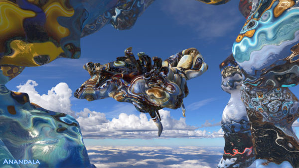 Abstract sculptures float against a deeper blue sky with clouds in Kevin Mack's "Anandala".
