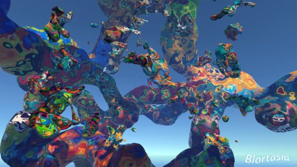 Freeform abstract sculptures appear to grow together against a blue sky in Kevin Mack's "Blortasia"