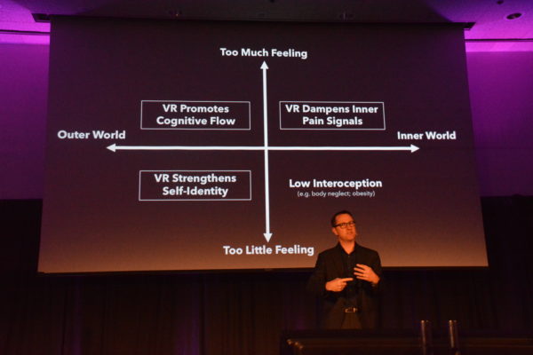 Dr, Spiegel in front of slide that shows VR alleviating or enhancing feeling