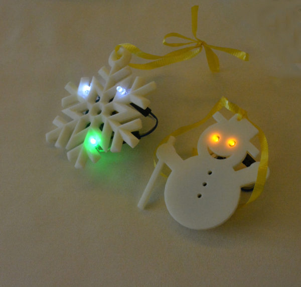 Closeup of light-up snowman and snowflake at Femineer™ program table