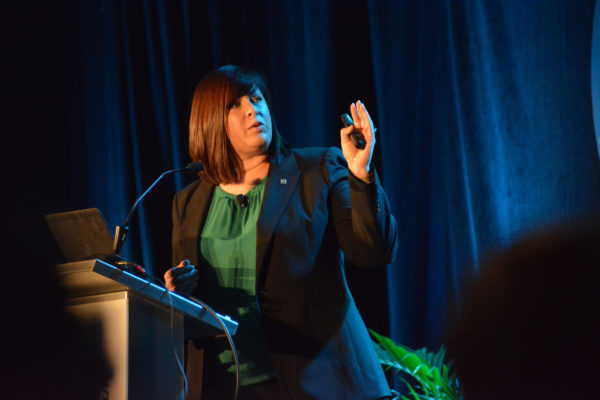 James Webb Space Telescope Program Manager Allison Barto gestures during her Sensors keynote speech