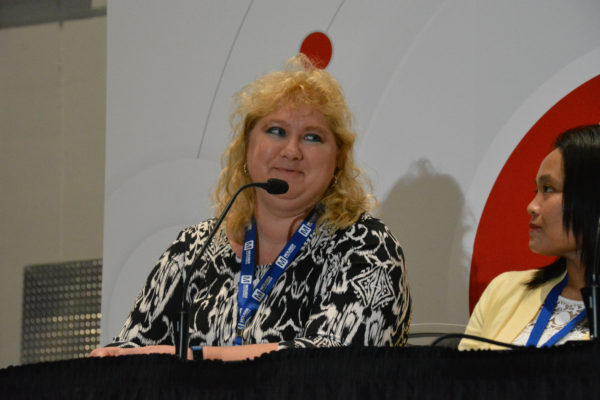 Marlena Nickel Johnson cmiles during Women in Sensors Engineering panel as Jocelyn Tan looks on