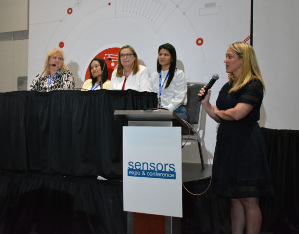 Angie poses a question to her four-participant Women in Sensors Engineering panel during Sensors Expo 2019