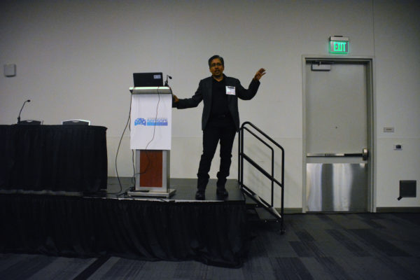 Dr Sinha makes a point from the podium of Autonomous Vehicles Conference