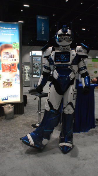 Mouser robot poses with one foot poised at the heel