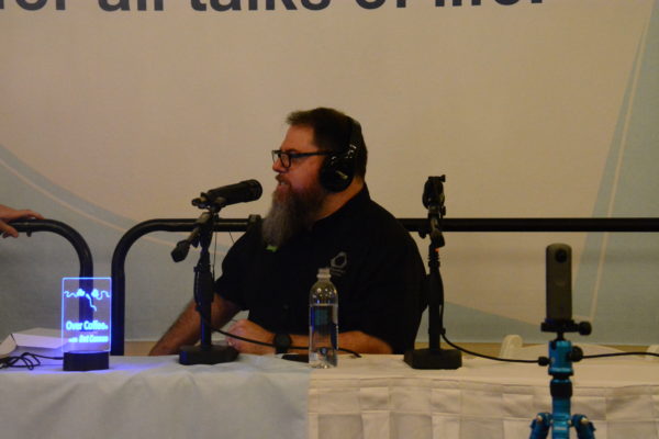 3D printing expert Andy Stetzinger on mic at the Talkshoe Pavilion during Podcast Movement 2019