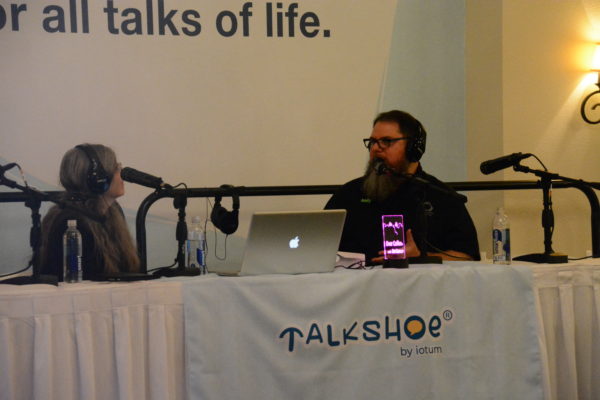 Andy Stetzinger talks about 3D rinting with Dot Cannon from Talkshoe pavilion during Podcast Movement 2019